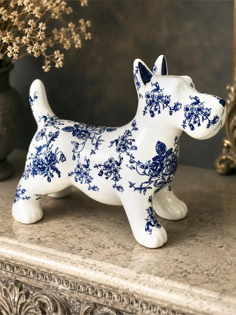 Surrey Selena Dog Terrier Toile Chinoiserie Blue White Figurine Statue